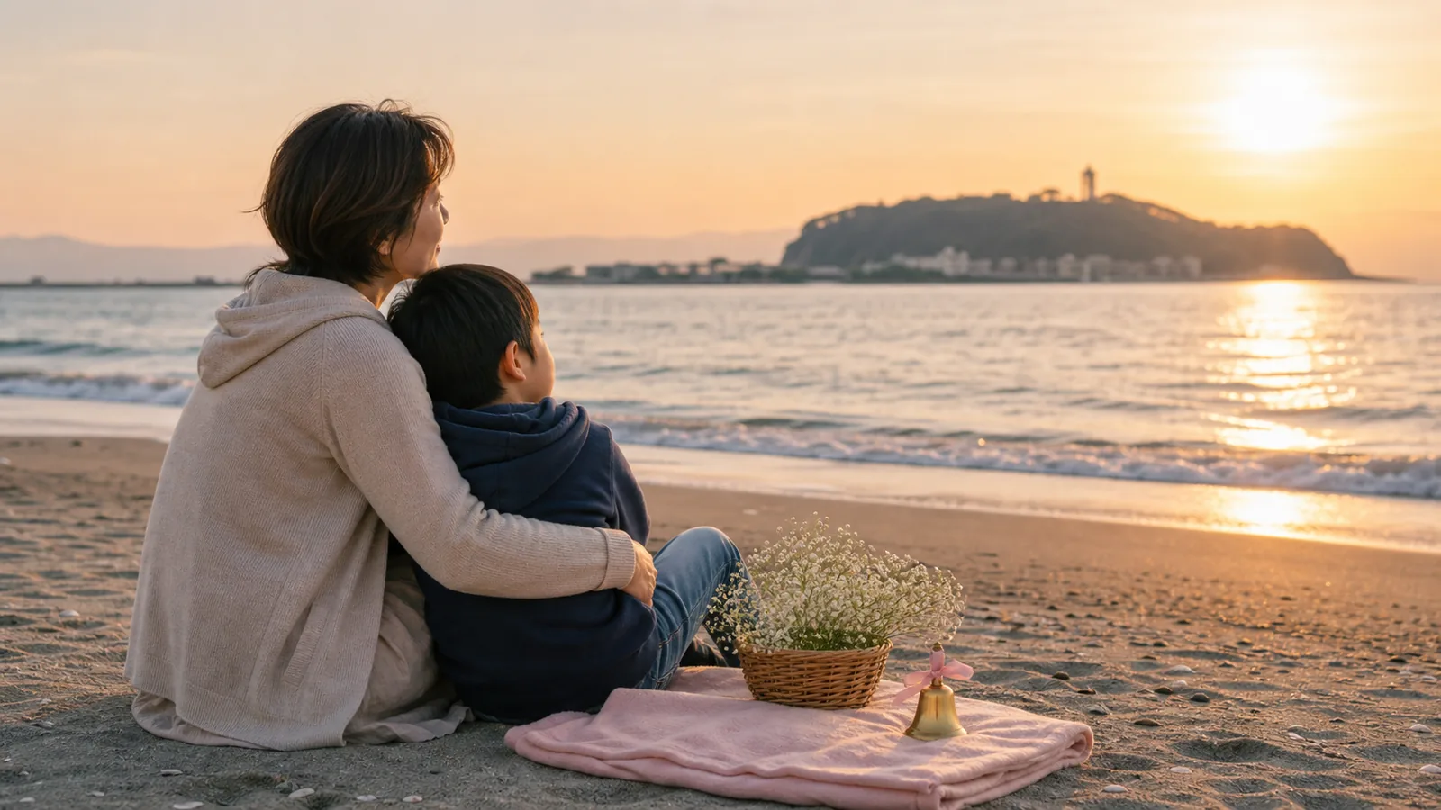 由比ヶ浜の浜辺で江ノ島を背景に座る40代母と8歳息子、傍らにピンクのブランケット・花籠・真鍮ベル（ペットの海洋散骨ガイドのアイキャッチ）