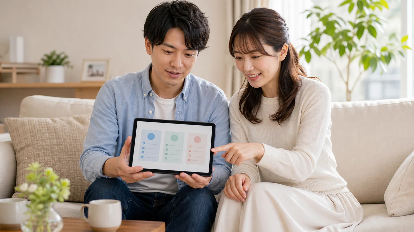 リビングのソファでタブレットの比較画面を一緒に見つめる若い夫婦（海洋散骨業者の選び方のアイキャッチ）