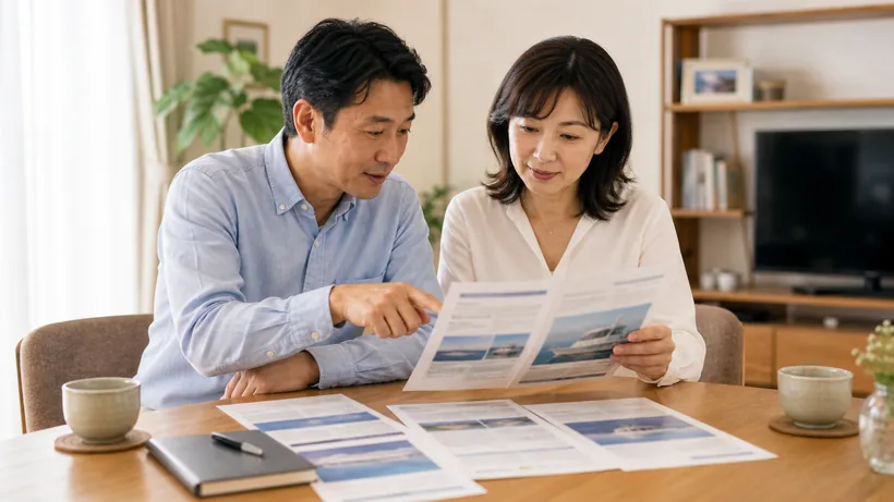 海洋散骨業者への相談・問い合わせの様子（書類とパンフレットを確認するイメージ）