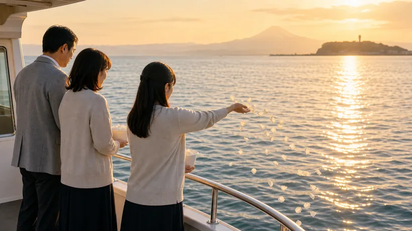 散骨セレモニー（粉骨を海に撒き、花びらをお供えする様子）